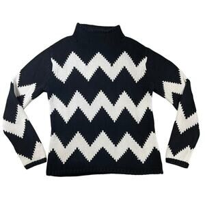 Talbots Chunky Knit Sweater Roll Mock Neck Chevron Black White Cotton Size Small